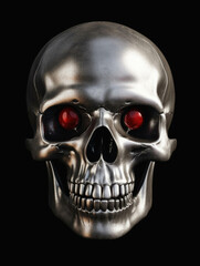 An antique silver skull with ruby eyes exuding a menacing aura. Gothic art. AI generation.