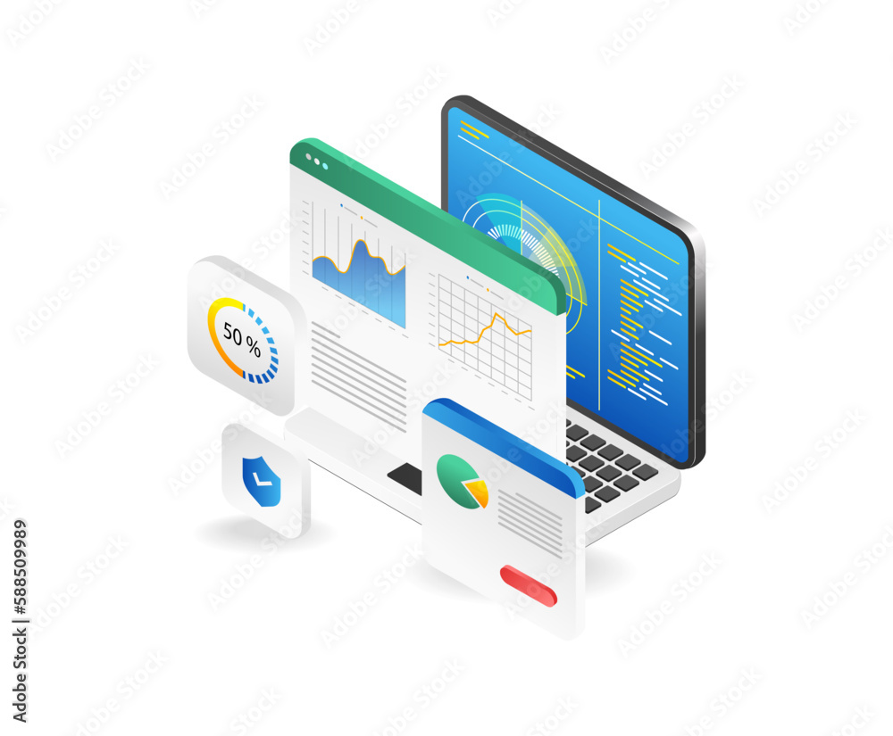 Aufkleber Isometric flat design concept of web analytics data analysis business reporteting research. Vector illustration