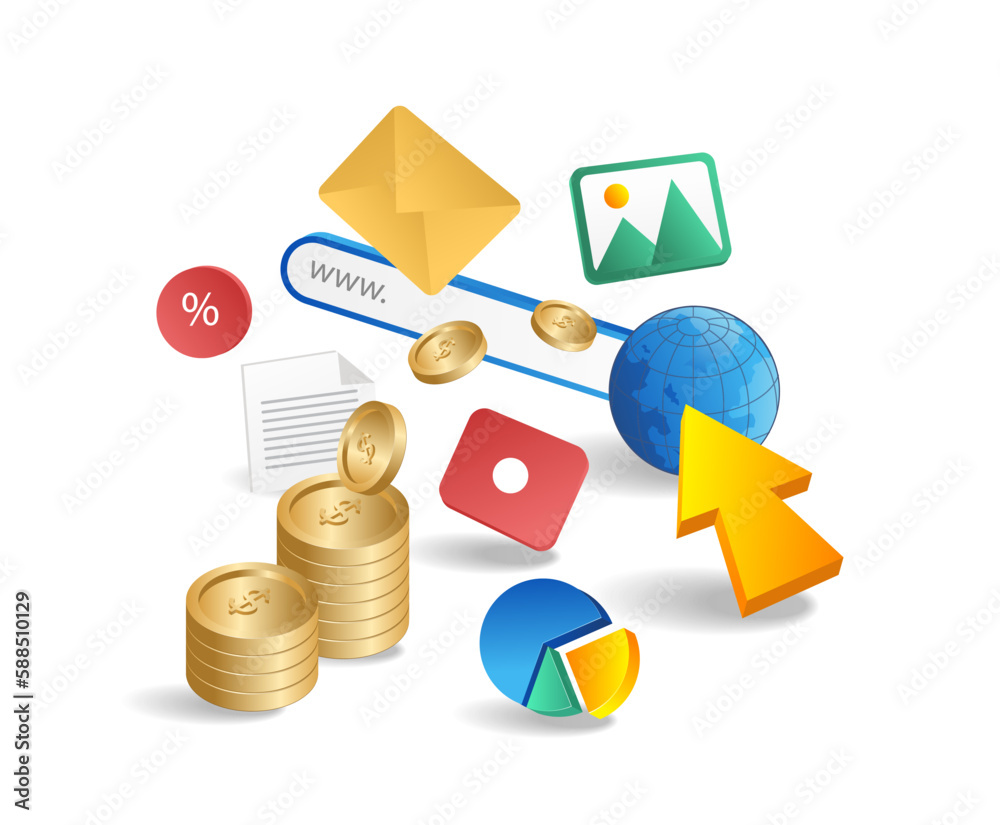Poster Concept of digital marketing with icons and 3d objects. Vector illustration.
