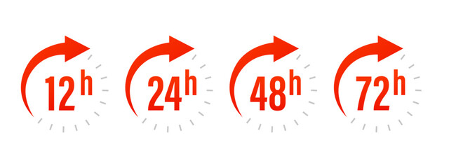 12, 24, 48, 72 hours clock arrow. Work time effect or delivery service time. Fast delivery concept. Vector illustration