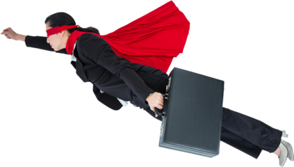 Businesswoman flying while pretending to be super hero