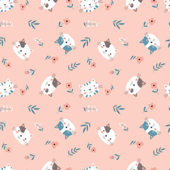 Cat seamless pattern. Cute variety of kittens. Children s characters in a simple hand drawn naive cartoon style.