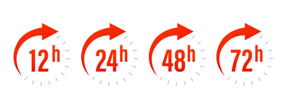 12, 24, 48, 72 hours clock arrow. Work time effect or delivery service time. Fast delivery concept. Vector illustration