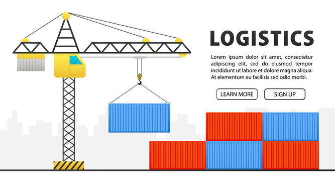 Cargo container logistic. Cargo transport container hangs on a crane hook. Crain and container on warehouse. Freight transport and logistics concept. Freight Shipping concept. Vector illustration