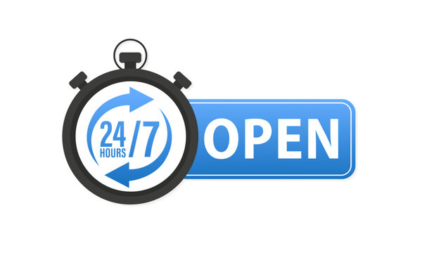 Stopwatch icon, service 24 7. 24-7 open concept vector illustration. 24 hour service icon. open 24/7. 24 hours a day and 7 days a week. . Support service. Lock logo tag icon. Vector illustration
