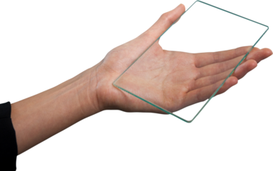 Cropped hand on businesswoman holding glass interface