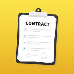 Contract documents. Document. A folder with a stamp and text. A document with a stack is agreed with a signature and seal of approval. Isolated on yellow background. Vector illustration