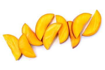 Mango fruit slices on white background.