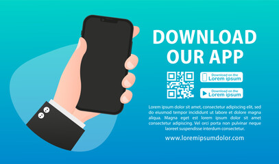 Download our new app ,Mobile App. Landing page banner advertising for downloading app for mobile phone, 3D smartphone device mockup. Download buttons with scan qr code template. Vector illustration
