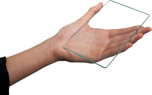 Cropped hand on businesswoman holding glass interface