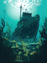 An underwater view of a vibrant shipwreck.. AI generation.