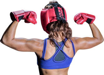 Rear view of fighter flexing muscles