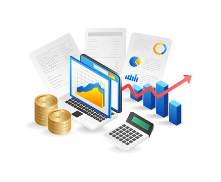 Isometric flat 3d concept of business analysis, financial report, accounting, statisticseting research, data analysis.