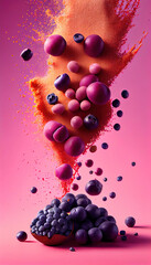 Group of Acai Berries Fruits Creatively Falling-Dripping Flying or Splashing on Purple Background AI Generative