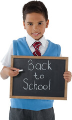 Portrait of schoolboy holding slate with back to school text