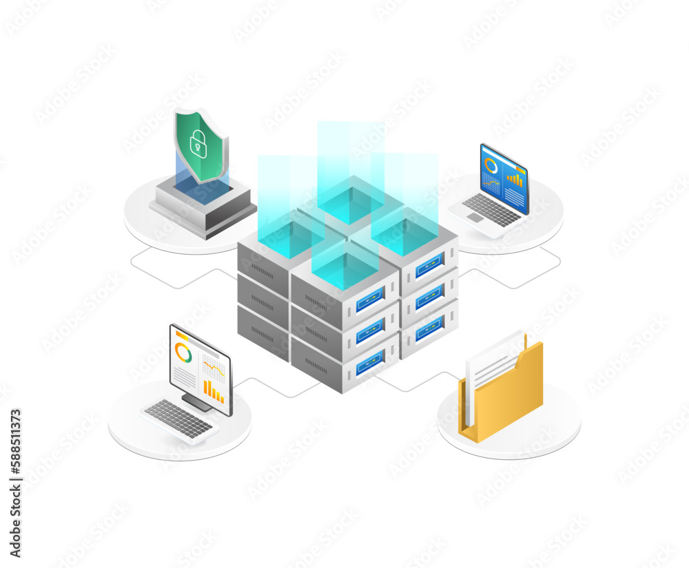 Poster Isometric Cloud Computing Concept. Vector Illustration of Cloud Computing.
