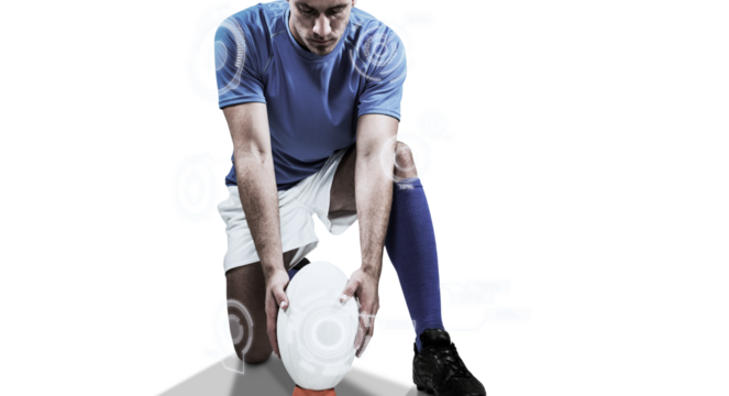 Digital composite image of rugby player positioning ball