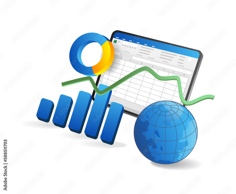 Aufkleber business graph with globe and chart on white background. vector illustration.