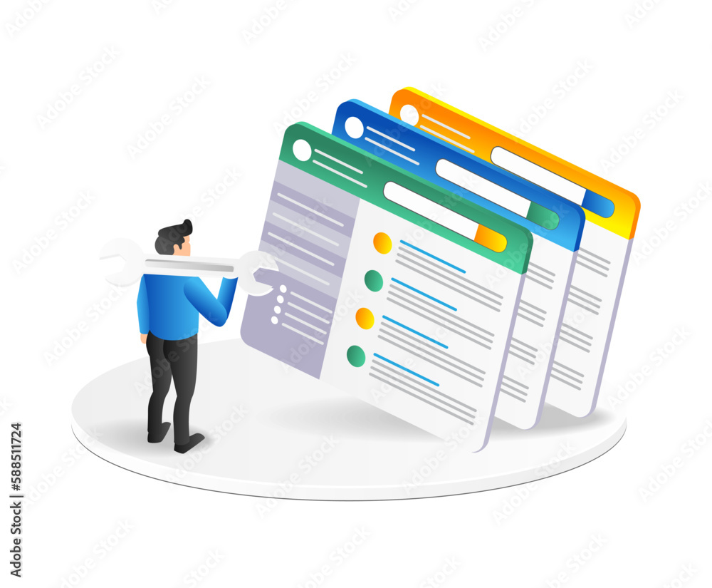 Poster 3d isometric illustration concept of a man building a web app