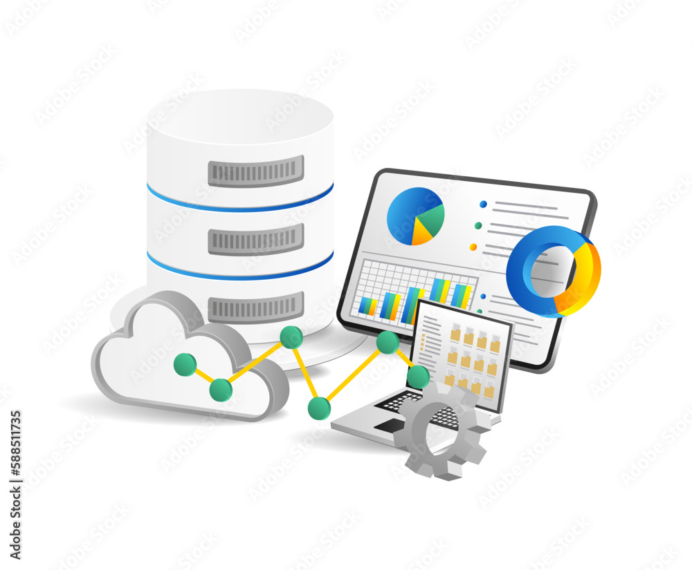 Poster 3d isometric illustration concept of analysis database cloud server technology