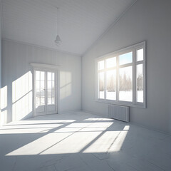 abandoned, empty living room whit white walls, sunshine through the window and winter scenery outside.  created with Generative AI technology
