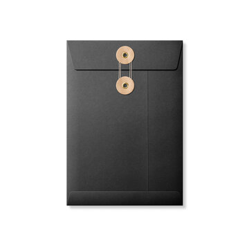 Black paper A5/C5 size string and brown washer envelope isolated on a transparent background, PNG. High resolution.