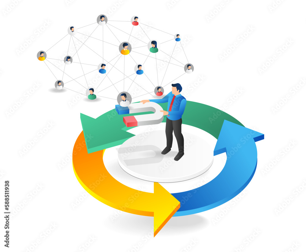 Poster isometric people connection and communication concept. vector illustration of people connection and 