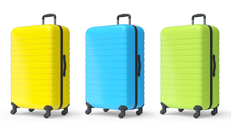 Set of luggage with beach accessories for summer holidays on white background.