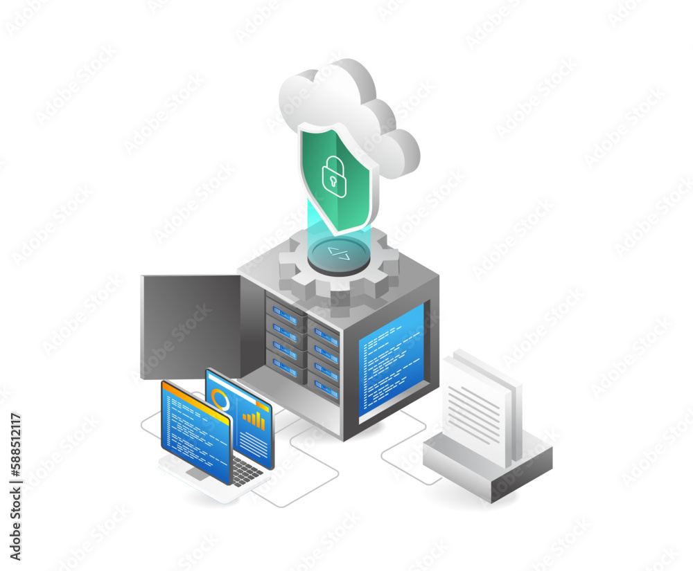 Poster Server, cloud computing, data center. Vector illustration