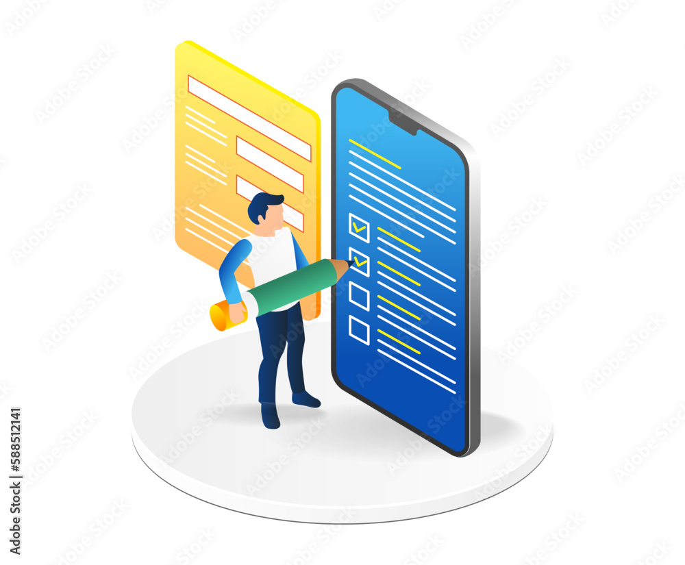 Aufkleber isometric online survey. online questionnaire form on smartphone screen. online questionnaire form. 