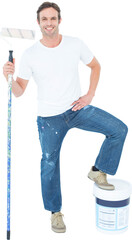 Man with paint bucket and roller on white background