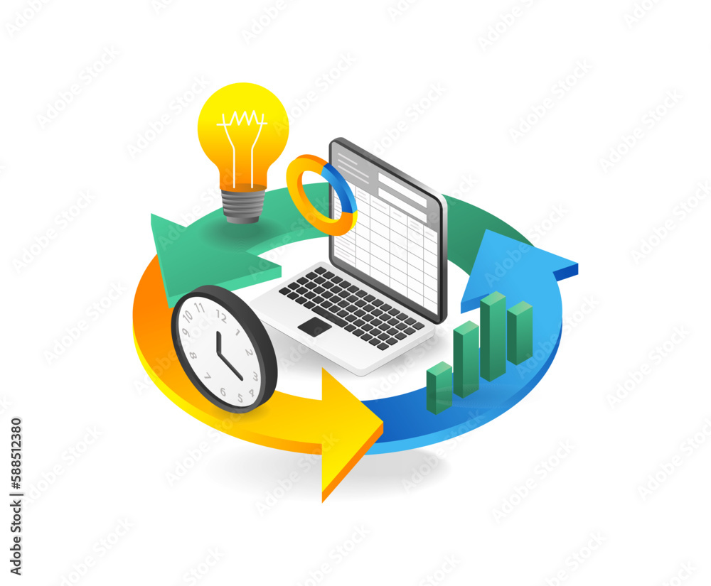 Aufkleber business graph with lightbulb clock and arrow. vector illustration.