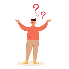A young, fat guy with unfolding arms thinks about what to do, characters with question marks. Student or businessman thinking, pondering. Vector illustration on white background