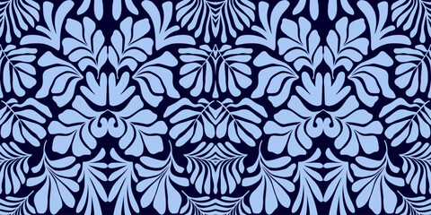 Blue abstract background with tropical palm leaves in Matisse style. Vector seamless pattern with Scandinavian cut out elements.