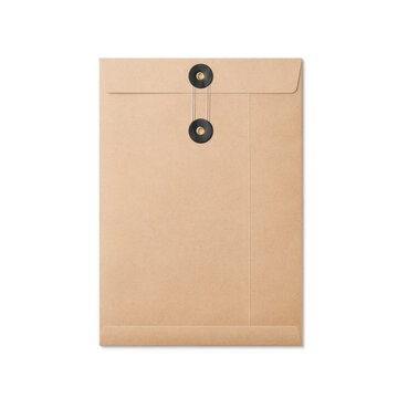 Kraft paper A4/C4 size string and black washer envelope isolated on a transparent background, PNG. High resolution.