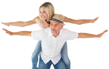 Happy man giving his partner a piggy back