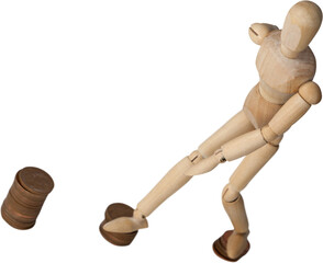 3d illustration of wooden figurine stepping on coins 