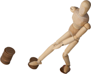 3d illustration of wooden figurine stepping on coins 