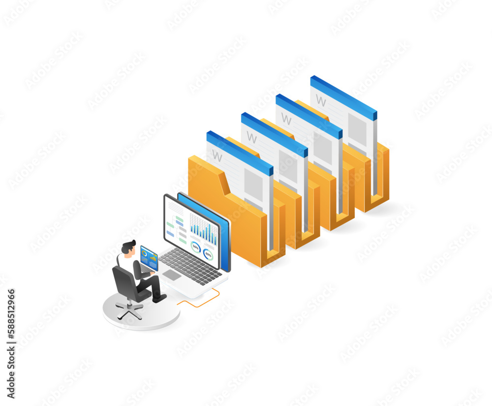 Poster isometric file folders and businessman with laptop. vector illustration.