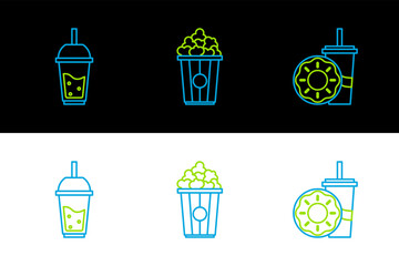 Set line Paper glass with drinking straw and donut, Glass of lemonade and Popcorn cardboard box icon. Vector