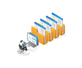 Isometric file folders and businessman with laptop. Vector illustration.
