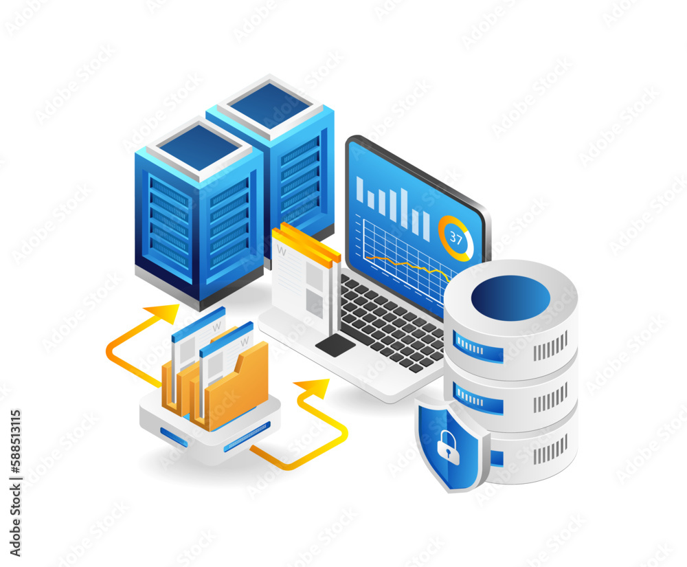 Poster 3d isometric illustration concept of maintaining big data web hosting server