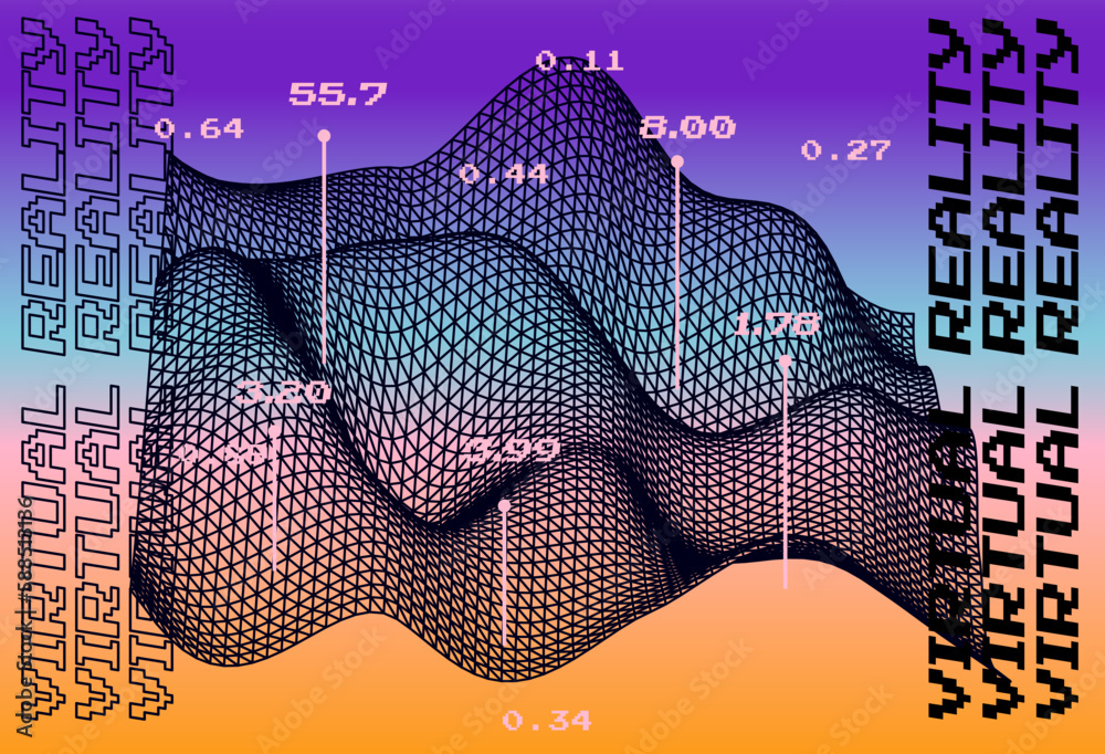 Poster 3d glitched and distorted plane made of mesh. computer science and virtual reality subject illustrat