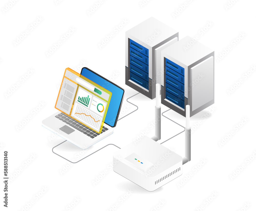 Poster 3d isometric illustration concept of hosting server management analysis connection