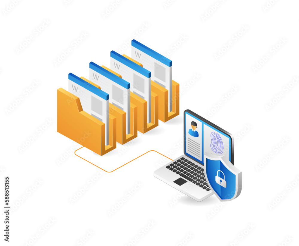 Aufkleber Data protection isometric concept with folder and laptop on white background vector illustration