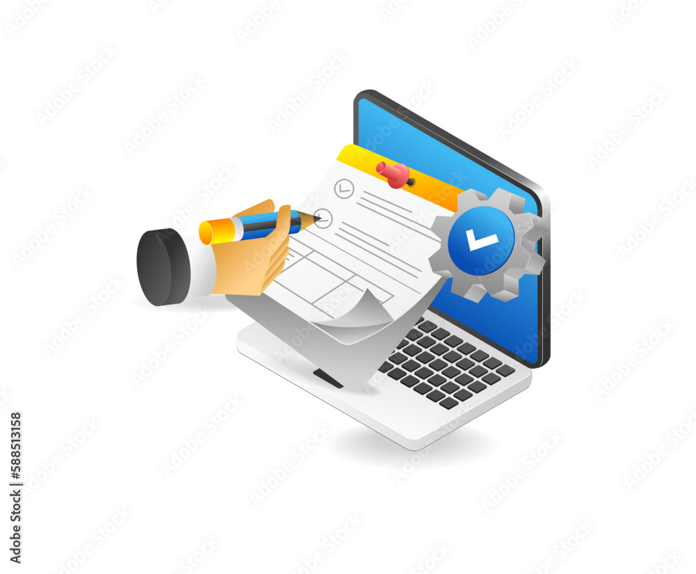 Poster laptop with document and camera on vector illustration.