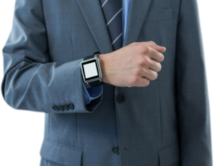 Midsection of businessman showing his smart watch