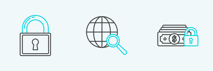 Set line Money with lock, Lock and Magnifying glass globe icon. Vector
