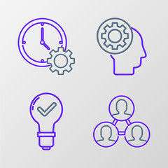 Set line Project team base, Light bulb and check mark, Human head with gear inside and Time Management icon. Vector