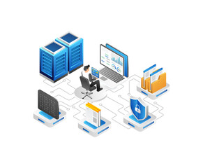 Data center isometric concept with server room and cloud computing symbols vector illustration